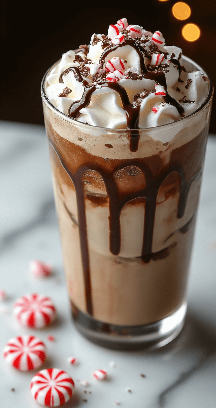 Peppermint Mocha Cold Brew: Your Ultimate Festive Coffee Escape Overhead shot of a tall glass with layered dark cold brew coffee and ice cubes, topped with white foam, crushed peppermint candies, and chocolate shavings, set against a marble counter with warm lighting and holiday sprinkles.