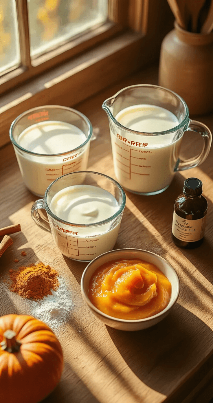 Pumpkin Cream Cold Foam Coffee: Your Ultimate Homemade Coffeehouse Delight Cinematic overhead shot of a rustic wooden kitchen counter with glass measuring cups of cream, a bowl of orange pumpkin puree, condensed milk, vanilla extract, and scattered pumpkin pie spices, all illuminated by warm autumn morning light.