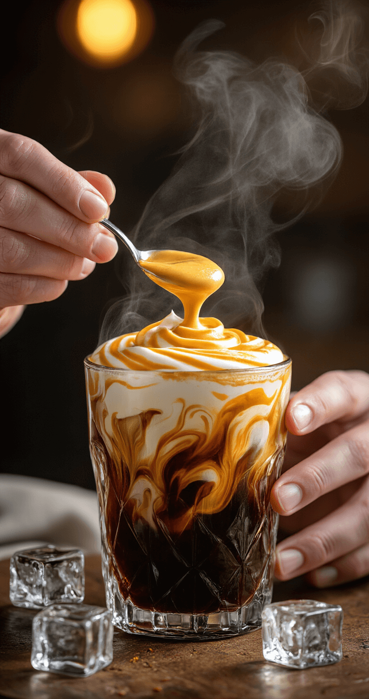 Pumpkin Cream Cold Foam Coffee: Your Ultimate Homemade Coffeehouse Delight Close-up of hands spooning pumpkin cream foam onto dark cold brew coffee in a clear glass, with steam rising and marbled patterns forming against the coffee, illuminated by warm kitchen light.