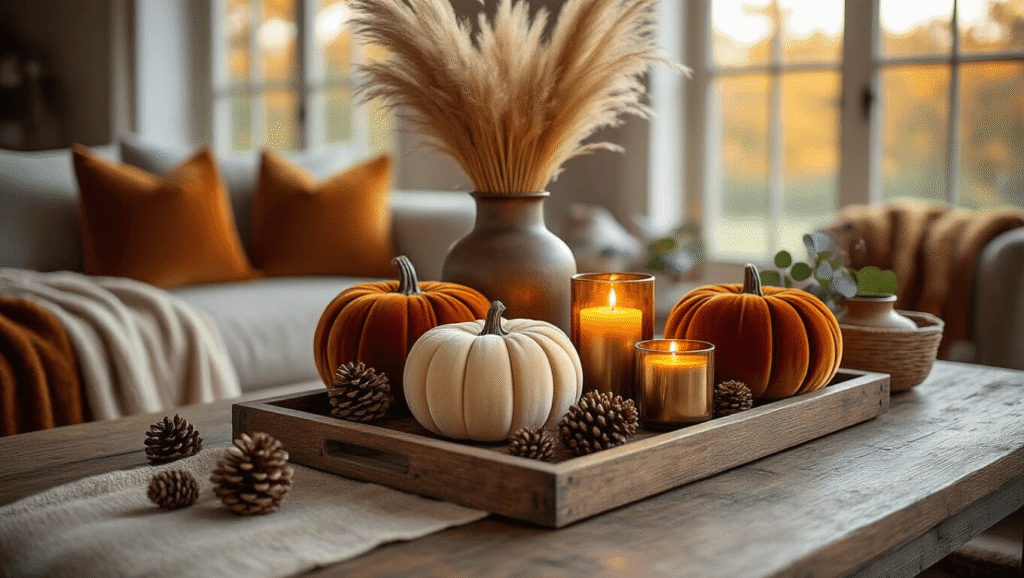 Fall Coffee Table Decor: Create a Cozy Autumn Sanctuary in Your Living Room Elegant autumn coffee table vignette with velvet pumpkins, pampas grass, amber candles, and rustic wooden tray, featuring warm golden hour lighting and cozy textures.