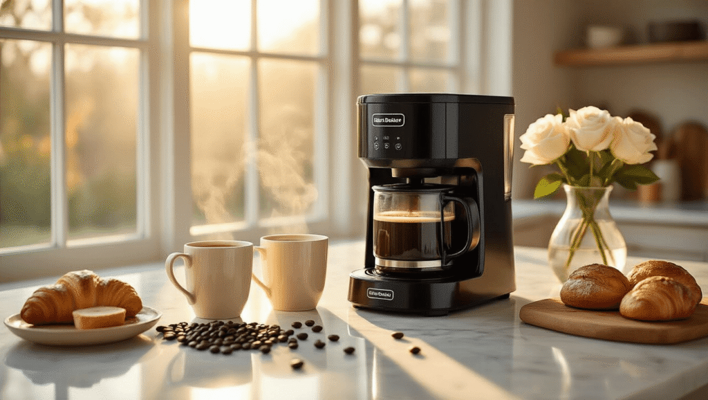 Black+Decker Coffee Maker: The Ultimate Budget-Friendly Brewing Solution Cinematic overhead view of a Black+Decker coffee maker on a marble countertop, featuring morning sunlight, steam from coffee in cream mugs, scattered coffee beans, artisanal pastries, and white roses in a glass vase, creating an inviting breakfast scene with a soft color palette.