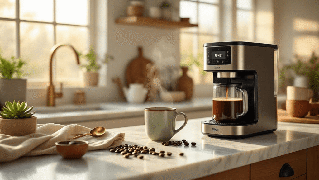 Capturing the Perfect Braun MultiServe Coffee Maker: A Comprehensive Content Creation Guide A sleek Braun MultiServe coffee maker brews coffee in a cozy morning kitchen scene, with steam rising into golden hour light, highlighting a handcrafted ceramic mug, scattered coffee beans, and warm wood and marble surfaces.