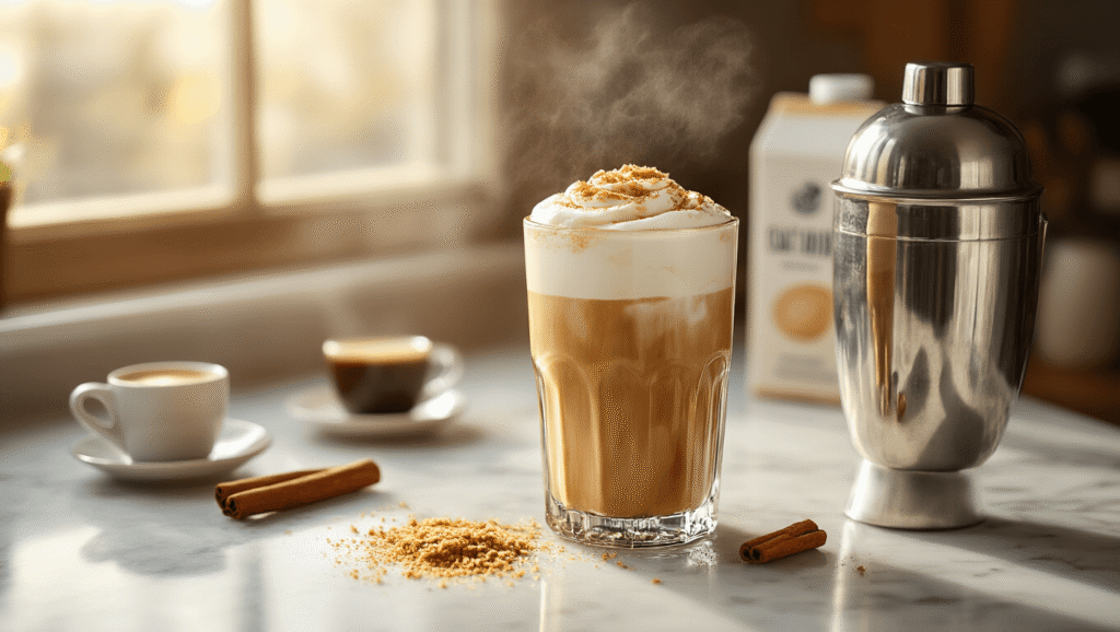 Brown Sugar Shaken Espresso: The Ultimate Coffeehouse-Style Drink at Home Cinematic overhead view of a tall glass of brown sugar shaken espresso layered with oat milk foam and ice crystals, surrounded by scattered brown sugar on a white marble countertop, with warm morning light highlighting a nearby silver cocktail shaker, fresh espresso shots, a cinnamon stick, and an oat milk carton softly blurred in the background.