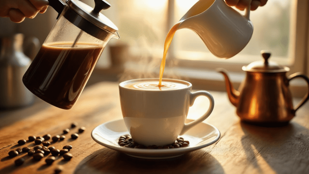 Café au Lait: The Ultimate Guide to Perfect French-Style Coffee Cinematic close-up of café au lait being poured from a French press and milk pitcher into a white ceramic mug, with golden morning light illuminating swirling coffee and milk, set on a rustic wooden table with coffee beans and a vintage copper kettle in the background.