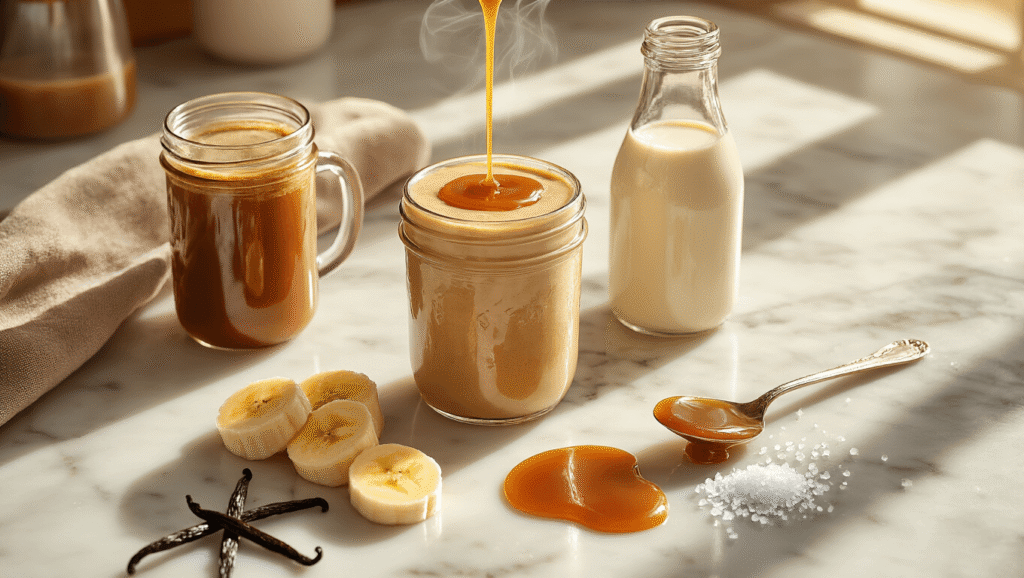 Caramel Coffee Smoothie: The Ultimate Creamy Energy Boost Cinematic overhead shot of a marble countertop displaying a caramel coffee smoothie setup with cold brew coffee, frozen banana slices, creamy milk, caramel syrup, vanilla beans, and sea salt, illuminated by warm morning sunlight.