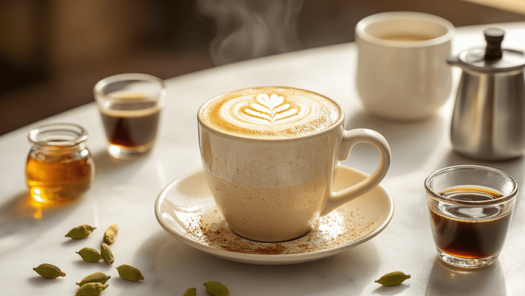 Cardamom Latte: Your Ultimate Cozy Spiced Coffee Experience Cinematic close-up of an elegant ceramic mug filled with creamy cardamom latte, rich golden-brown espresso, and velvety steamed milk, dusted with ground cardamom, surrounded by green cardamom pods, honey drizzle, espresso shots, and a milk frother, with warm amber lighting and steam rising on a pristine white marble background.