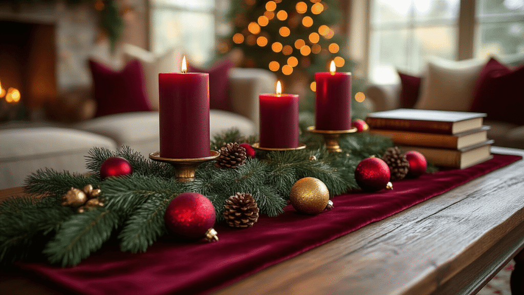 Magical Christmas Coffee Table Decor: Your Ultimate Styling Guide An elegant Christmas coffee table adorned with burgundy candles, lush pine garlands, a wine red velvet runner, and scattered glass ornaments, set in a cozy living room with warm candlelight and golden hour lighting.
