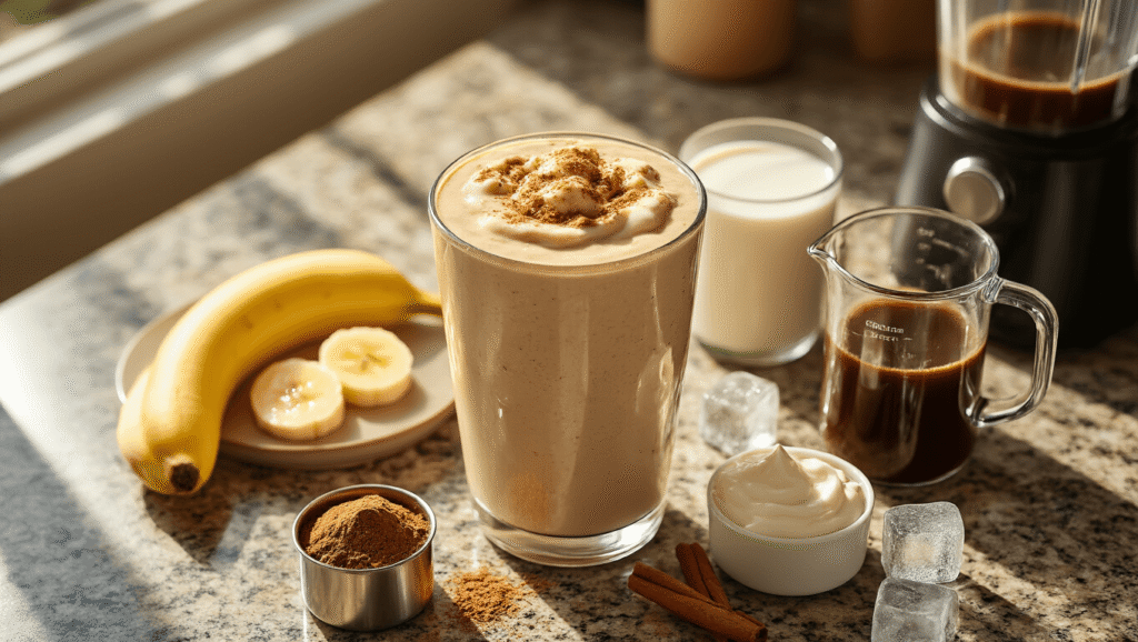 Coffee Banana Smoothie: Your Ultimate Energy Boost in 5 Minutes Cinematic overhead view of a creamy coffee banana smoothie in a tall glass pitcher, surrounded by sliced frozen bananas, Greek yogurt, chilled coffee, milk, cinnamon sticks, and ground cinnamon on a granite countertop, with warm sunlight creating dramatic shadows and a high-speed blender in the background.