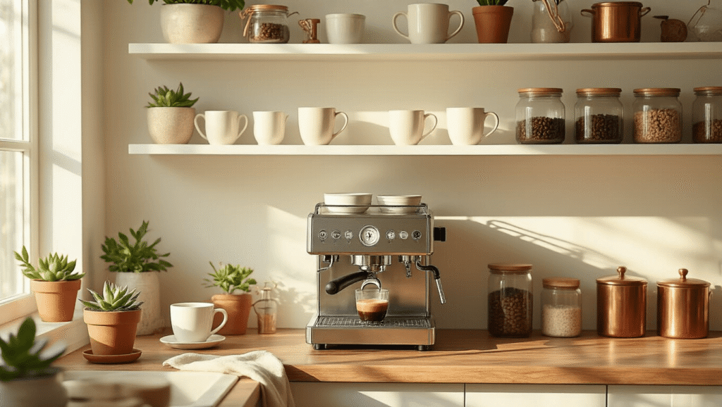 Creating the Perfect Coffee Corner Kitchen: A Comprehensive Guide Cinematic close-up of a serene coffee corner with an espresso machine, ceramic mugs, and floating shelves, illuminated by golden morning light, showcasing warm wood, marble surfaces, and rustic-modern decor.