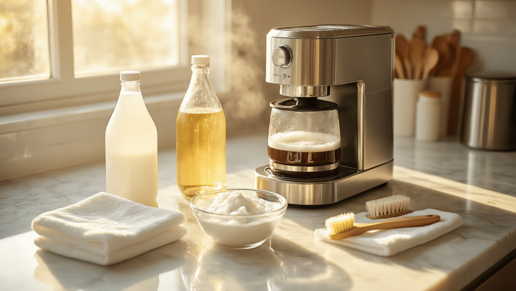 How to Clean Your Coffee Maker: The Ultimate Guide to Brewing Perfection Cinematic overhead shot of a marble kitchen counter with a coffee maker being cleaned, featuring white vinegar, microfiber cloths, baking soda paste, a shining carafe, and cleaning brushes, all illuminated by warm sunlight, creating an inviting atmosphere.