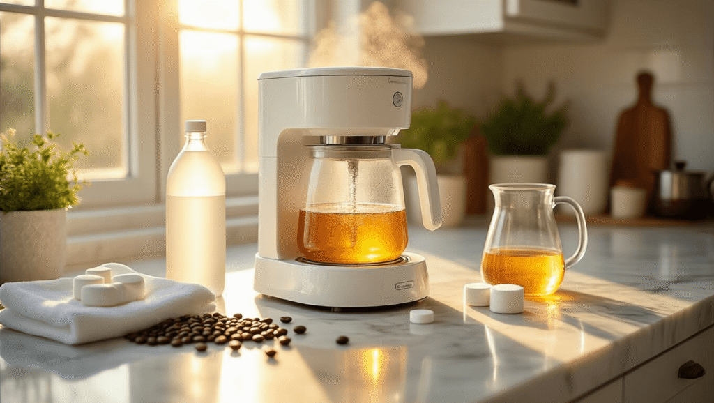 How to Clean and Descale Your Coffee Maker: The Ultimate Guide to Fresh-Tasting Coffee Cinematic wide-angle shot of a marble kitchen countertop with a white coffee maker filled with bubbling vinegar solution, organized cleaning essentials including vinegar, tablets, and cloths, warm light highlights, and scattered coffee beans.