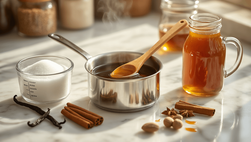 Homemade Coffee Syrup: The Ultimate Guide to Crafting Delicious Liquid Gold Cinematic overhead view of a sunlit marble kitchen counter showcasing a bubbling golden syrup in a stainless steel saucepan, with wooden spoon stirring amber ripples; surrounding ingredients include white sugar, water, split vanilla beans, cinnamon sticks, and caramel sauce, all bathed in warm honey-colored lighting, creating a cozy atmosphere.