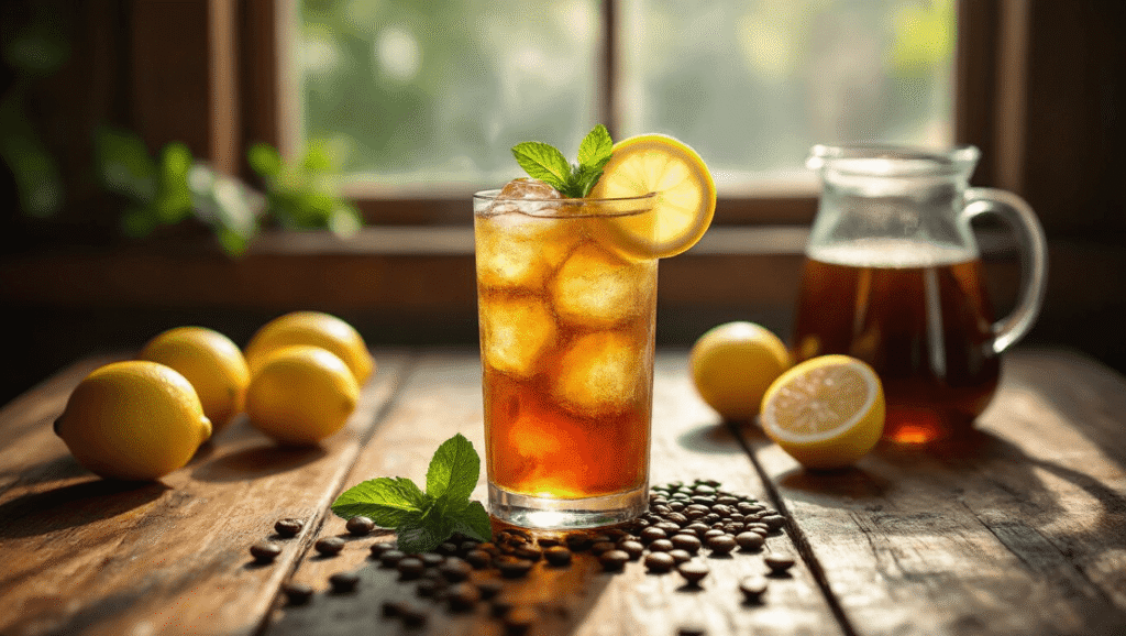Cold Brew Lemonade: The Ultimate Refreshing Summer Drink Cinematic overhead view of a tall glass of layered cold brew and lemonade with ice, garnished with a lemon wheel and mint, on a rustic wooden table, with whole lemons and coffee beans scattered around, bathed in warm summer light.