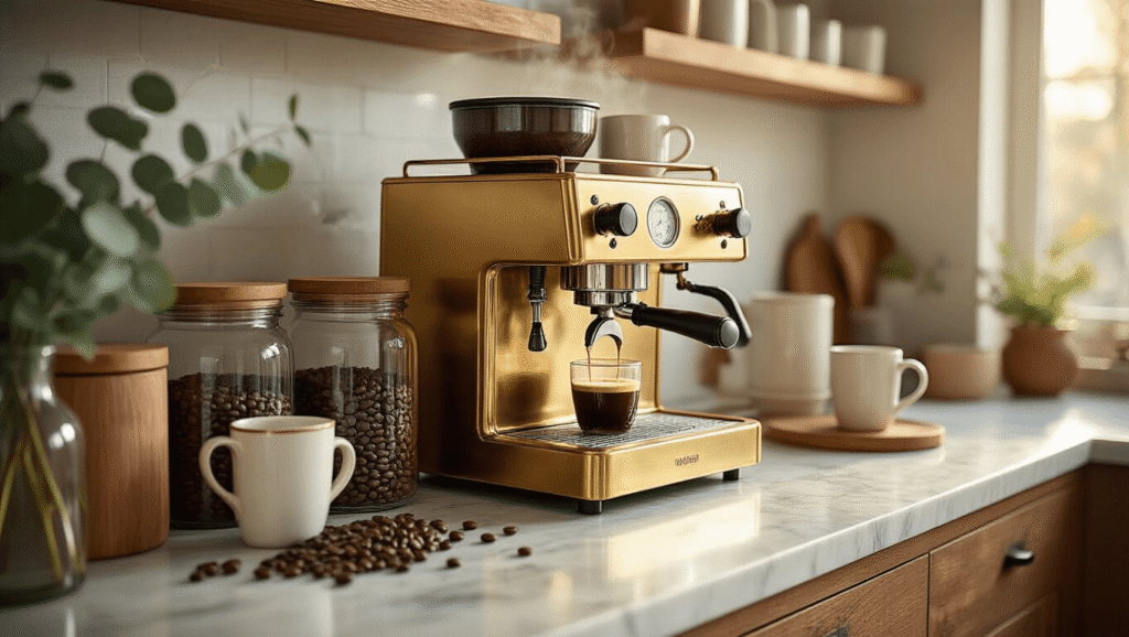 How to Create the Perfect DIY Coffee Bar: A Comprehensive Guide Cinematic close-up of a cozy modern kitchen coffee bar featuring a brass espresso machine, rustic wooden canisters, ceramic mugs, and a marble countertop, with warm morning light and steam rising from freshly brewed espresso.