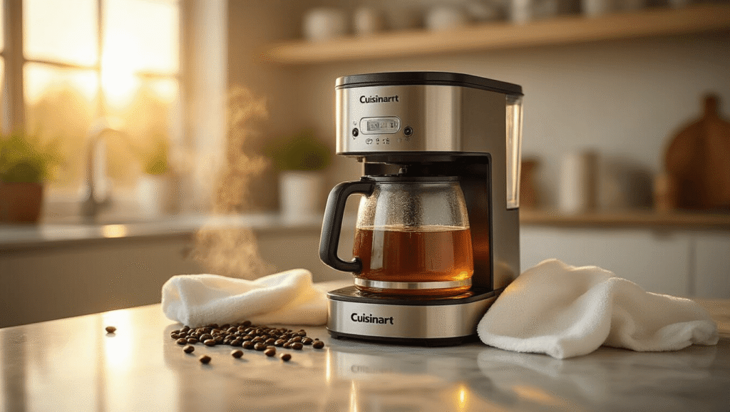 How to Clean Your Cuisinart Coffee Maker: The Ultimate Maintenance Guide Cinematic close-up of a Cuisinart coffee maker with a glass carafe of vinegar solution on a marble counter, warm golden hour lighting, steam rising, water droplets on stainless steel, and a microfiber cloth nearby, creating an inviting morning atmosphere.