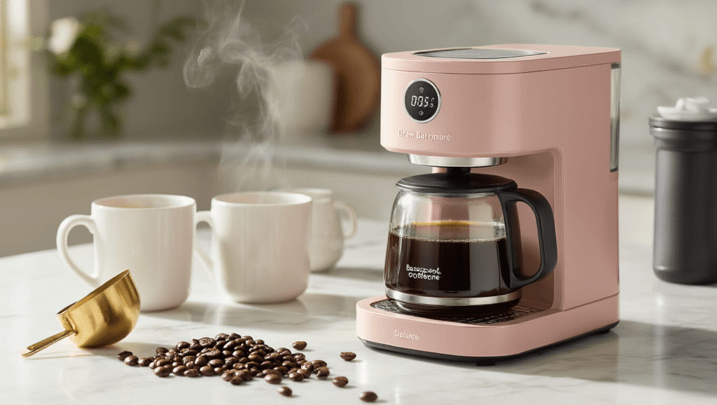 Drew Barrymore Beautiful Coffee Maker: A Stylish Brew Companion for Modern Kitchens Cinematic close-up of a rose-colored Drew Barrymore Beautiful Coffee Maker on a white marble countertop, featuring steam rising from a glass carafe, surrounded by coffee accessories including a golden filter, coffee beans, a brass scoop, and ceramic mugs, bathed in warm morning light.