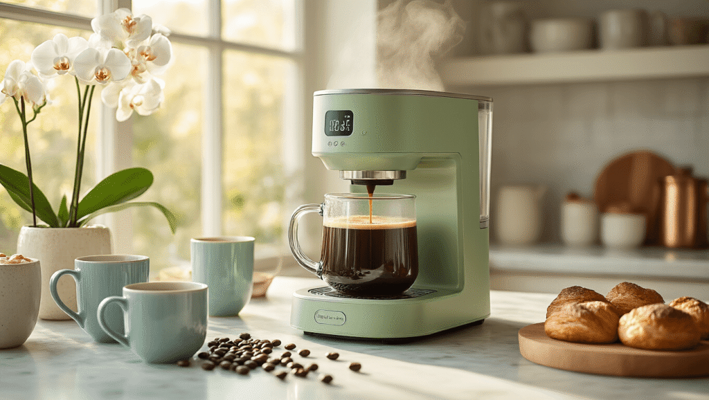 Beautiful Coffee Makers by Drew Barrymore: Brewing Style and Elegance A cinematic shot of a sage green coffee maker in a modern kitchen, with steam rising from brewing coffee, golden light streaming through windows, coffee beans scattered around, elegant mugs, fresh orchids, and artisanal pastries, all capturing a cozy breakfast nook atmosphere.