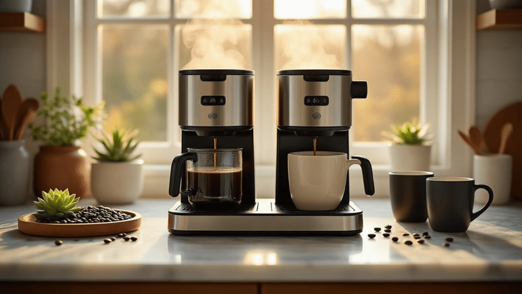 The Ultimate Guide to Dual Coffee Makers: Brewing Perfection for Every Morning A cinematic wide-angle shot of a sleek dual coffee maker on a marble countertop, with steam rising from the carafe and single-serve cup, warm morning light, ceramic mugs, a wooden tray of coffee beans, and a small succulent plant, creating a cozy kitchen atmosphere.