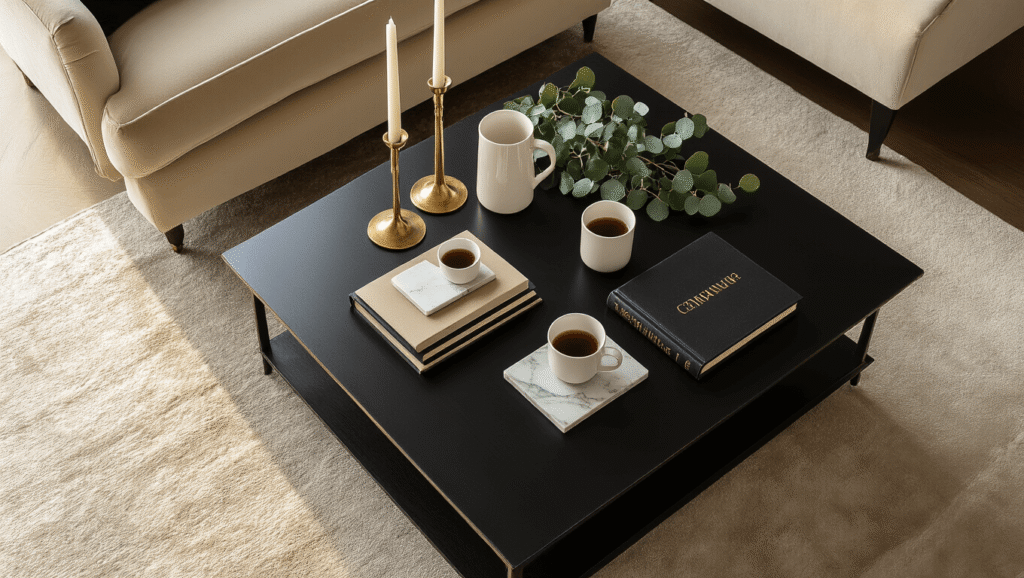 The Ultimate Guide to Choosing the Perfect Black Coffee Table for Your Living Space Cinematic overhead view of an elegant black coffee table adorned with brass candlesticks, white ceramic cups, leather-bound books, eucalyptus sprigs, and marble coasters, set against a warm golden hour backdrop with cream velvet sofa cushions.