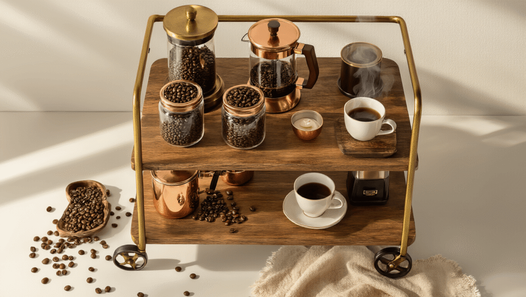 Coffee Bar Cart: Transform Your Home Brewing Experience Cinematic overhead shot of an elegant coffee bar cart with reclaimed wood shelves, brass accents, glass canisters of coffee beans, a copper French press, porcelain cups, an electric grinder, and decorative stirrers, all warmly lit with dramatic shadows, set against a clean white background with scattered coffee beans and soft fabric.