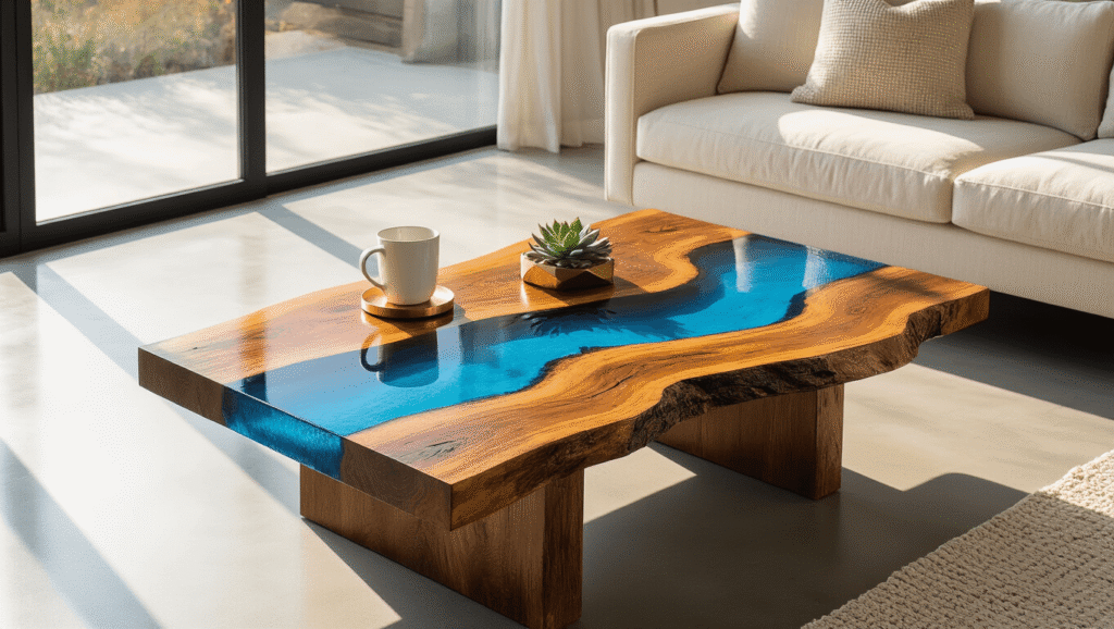 Unique Coffee Table Design: Transform Your Living Space with Artistic Furniture A stunning epoxy river coffee table with electric blue resin and reclaimed wood in a minimalist living room, featuring warm golden hour sunlight, polished concrete floors, and modern decor accents.