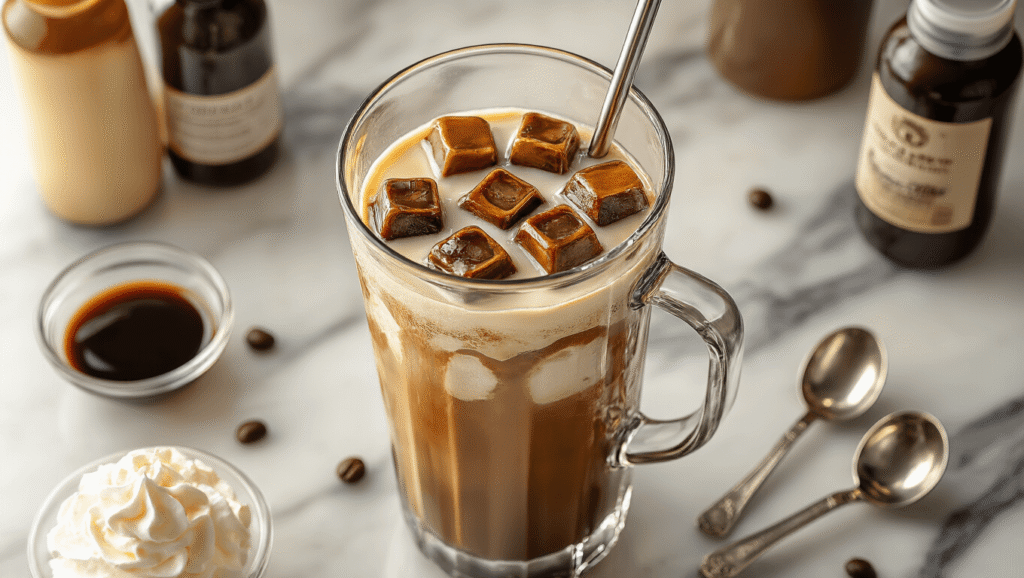 Frozen Coffee Frappe: Your Ultimate Summer Cool-Down Drink Cinematic overhead view of a blender with espresso ice cubes and cold milk, surrounded by chocolate syrup bottles and a tall crystal glass filled with a blended coffee drink, all set on a marble countertop with warm golden hour lighting and a luxurious cafe aesthetic.
