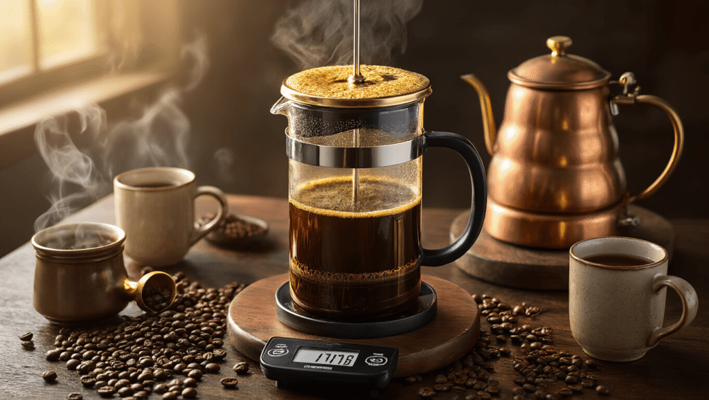 Perfect French Press Coffee: A Foolproof Guide for Rich, Smooth Brewing Cinematic scene of a French press coffee brewing setup on a dark wooden surface, showcasing a glass French press with golden foam, vintage brass grinder, steaming copper kettle, digital scale, ceramic mugs with steam, scattered coffee beans, and warm morning light creating dramatic shadows.
