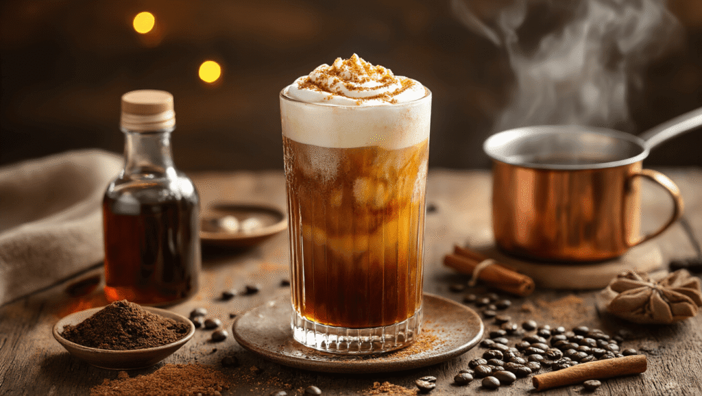 Gingerbread Cold Brew: The Ultimate Holiday Coffee Experience Cinematic overhead shot of a tall glass of layered gingerbread cold brew with milk foam and amber syrup, set on a rustic wooden surface with dark brown sugar, spices, coffee beans, and cinnamon sticks, illuminated by warm golden hour lighting.