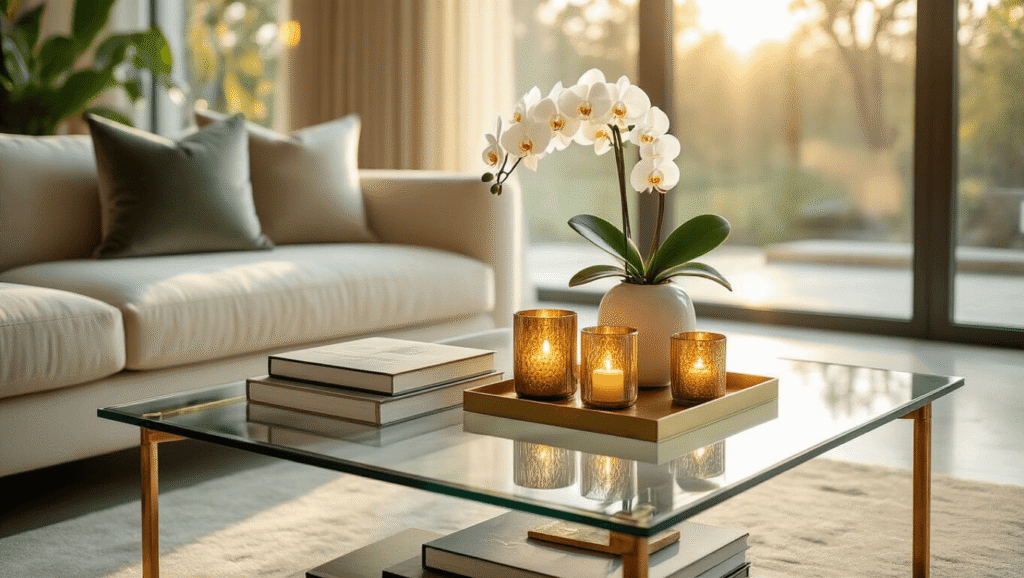 The Ultimate Guide to Glass Coffee Tables: Styling, Photography, and Decor Secrets Elegant glass coffee table styled with decorative accessories including coffee table books, brass candle holders, and a white orchid in a ceramic vase, set in a sunlit modern living room with polished concrete floors and a soft color palette.