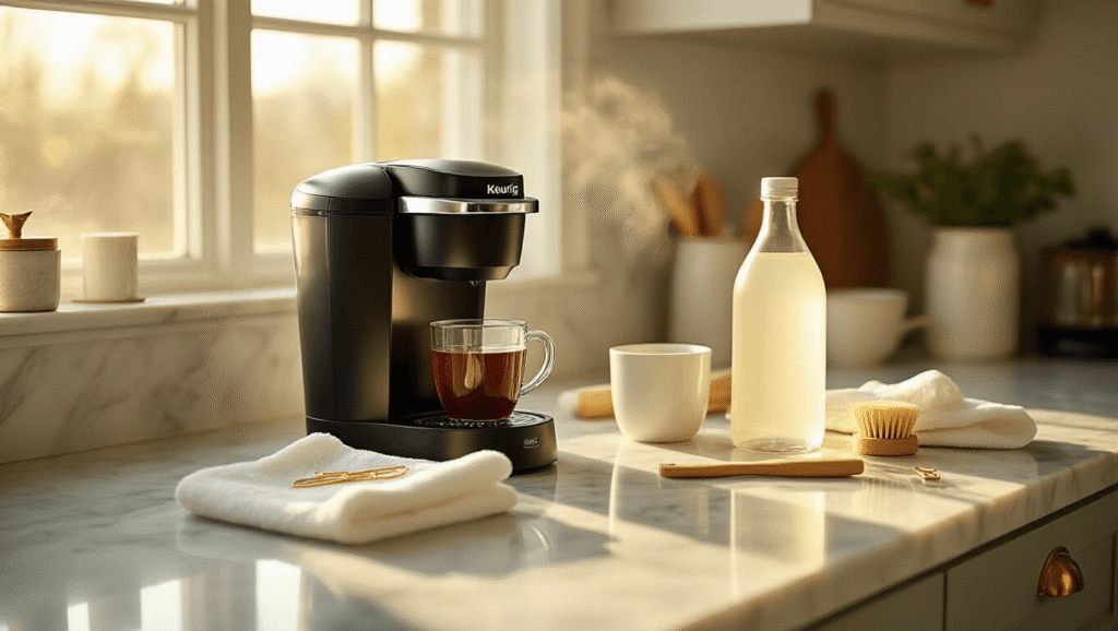 How to Clean Your Keurig Coffee Maker: The Ultimate Guide to Sparkling Performance Elegant kitchen counter featuring a sleek black Keurig coffee maker partially disassembled, surrounded by cleaning essentials like a glass bottle of white vinegar, microfiber cloths, and brushes, all illuminated by warm golden hour light on a marble surface.