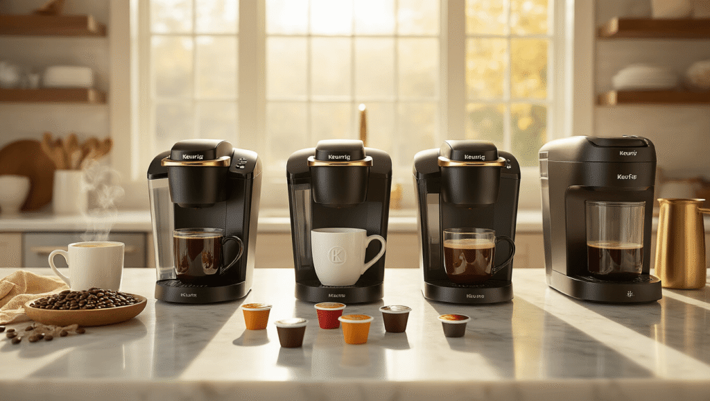 The Ultimate Guide to the Best Keurig Coffee Makers in 2025: Your Perfect Brew Awaits Cinematic wide-angle shot of a modern kitchen featuring five premium Keurig coffee makers on a white marble countertop, with steaming coffee cups, colorful K-Cup pods, and brass accents, all bathed in warm morning light.