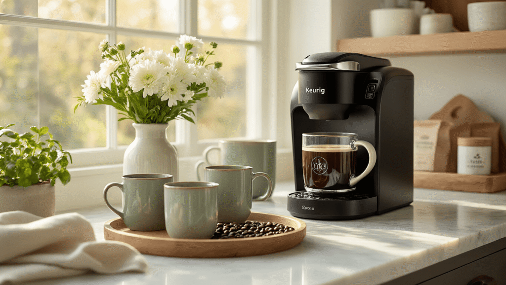 The Ultimate Keurig Duo Coffee Maker: Your Perfect Home Brewing Companion Elegant modern kitchen coffee bar with sleek black Keurig Duo machine on marble countertop, surrounded by ceramic mugs, wooden tray with coffee beans, fresh flowers in vase, and warm morning sunlight, creating a cozy atmosphere.