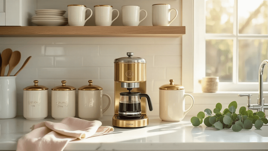 Create Your Perfect Kitchen Coffee Station: A Comprehensive Guide Elegant kitchen coffee station with brass coffee maker, cream and gold ceramic canisters, curated mugs on floating shelves, and fresh eucalyptus, all on a white quartz countertop in soft morning sunlight.