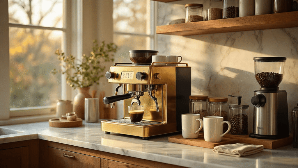 Creating the Perfect Home Coffee Station: Your Ultimate Guide to Caffeine Convenience Luxury coffee station with marble countertops and brass espresso machine, organized glass containers, ceramic mugs, and warm golden hour sunlight.