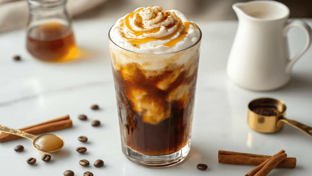 Maple Cinnamon Cold Brew: Your Ultimate Coffeehouse-Quality Drink at Home Overhead shot of a tall glass of dark amber cold brew coffee over ice, topped with layered maple cinnamon milk foam, golden syrup ribbons, and cinnamon dust, with scattered coffee beans and props on a white marble countertop.