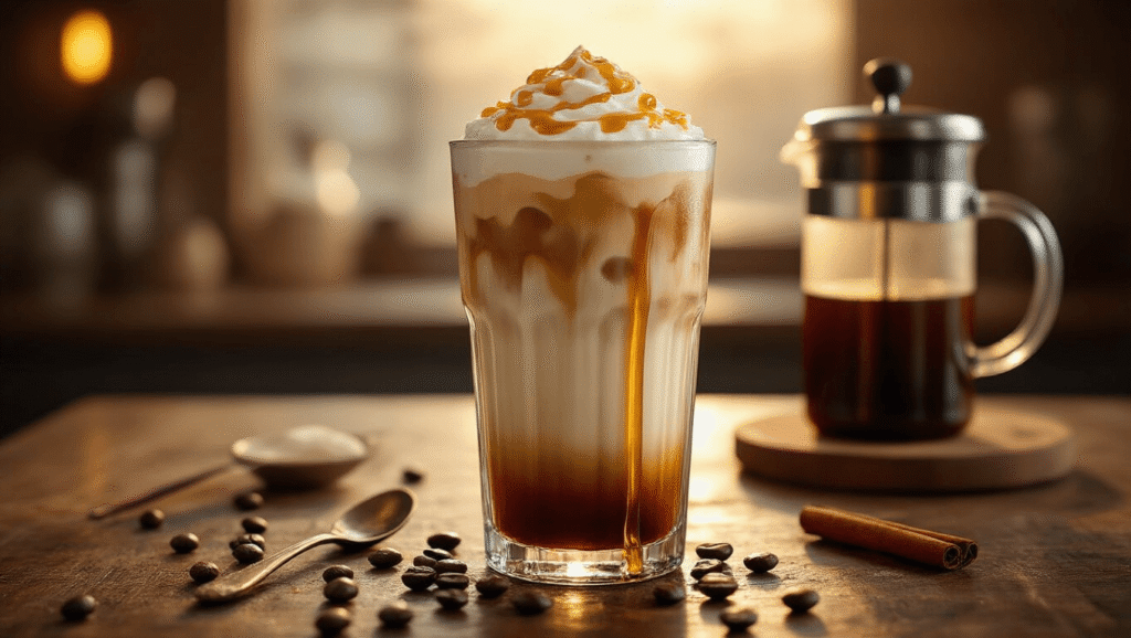 Maple Cream Cold Brew: The Ultimate Refreshing Coffee Experience Cinematic close-up of a tall glass of iced maple cream cold brew with layered coffee and cream, drizzled with maple syrup, topped with frothy foam, on a rustic wooden surface, surrounded by scattered coffee beans and a vintage spoon, in warm golden hour light.