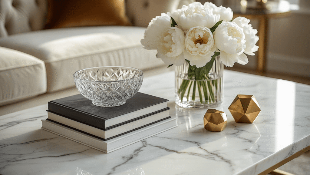 Marble Coffee Tables: The Ultimate Guide to Elegance and Durability Elegant white marble coffee table styled with design books, crystal bowl, and white peonies in a glass vase, featuring warm golden hour lighting and a plush cream velvet sofa in the background.