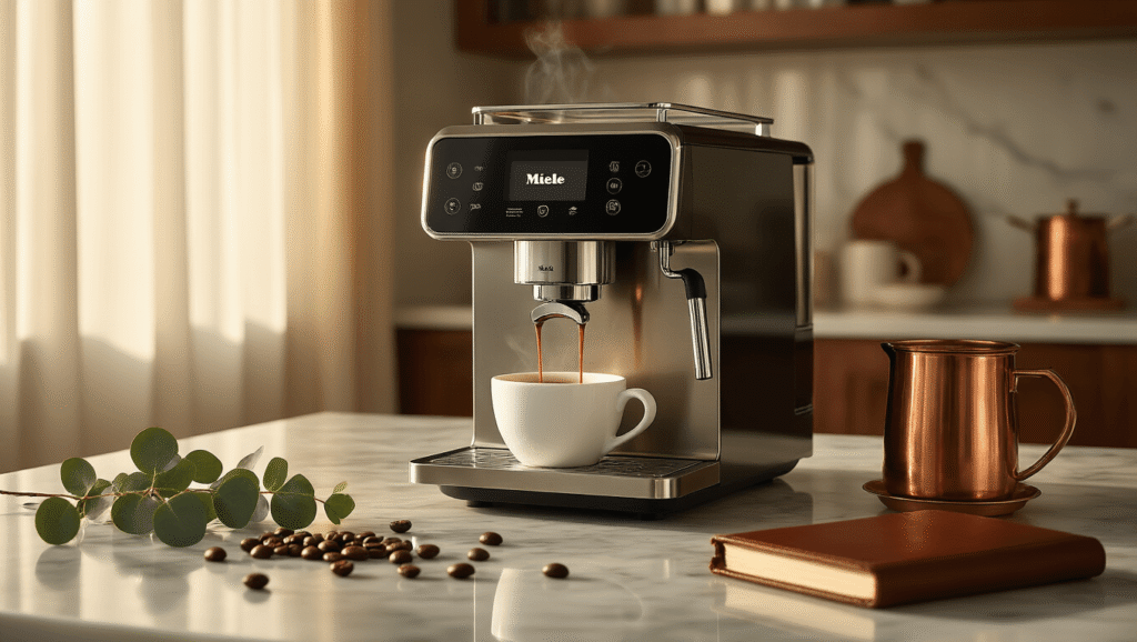 Miele Coffee Makers: The Ultimate Guide to Luxury Home Brewing and Content Creation A luxurious kitchen scene featuring a sleek Miele coffee maker on polished marble countertops, with espresso steaming into a white ceramic cup, surrounded by coffee beans, eucalyptus sprigs, and warm, diffused lighting.