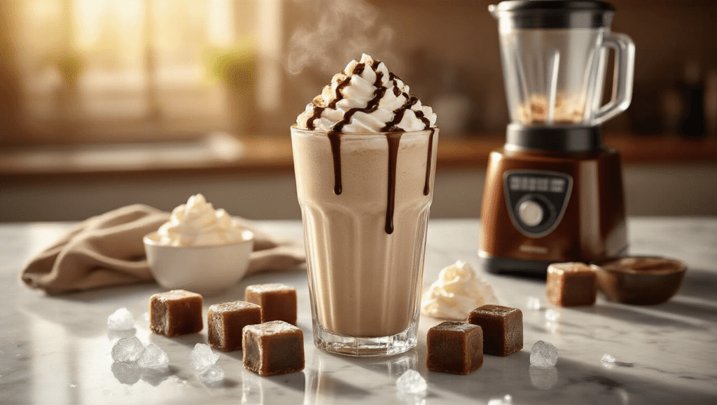 Mocha Frappe: The Ultimate Homemade Frozen Coffee Delight Cinematic overhead shot of a creamy mocha frappe in a tall glass with chocolate drizzle, surrounded by frozen coffee cubes, a chocolate syrup bottle, dollops of whipped cream, and scattered ice crystals on a marble countertop, illuminated by warm morning light.