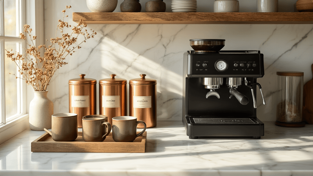 Coffee Bar Decor: Transform Your Space into a Stylish Brewing Haven Cinematic overhead shot of a stylish modern coffee bar with marble countertops, a matte black espresso machine, copper canisters, and handcrafted ceramic mugs on a wooden tray, illuminated by soft golden sunlight.