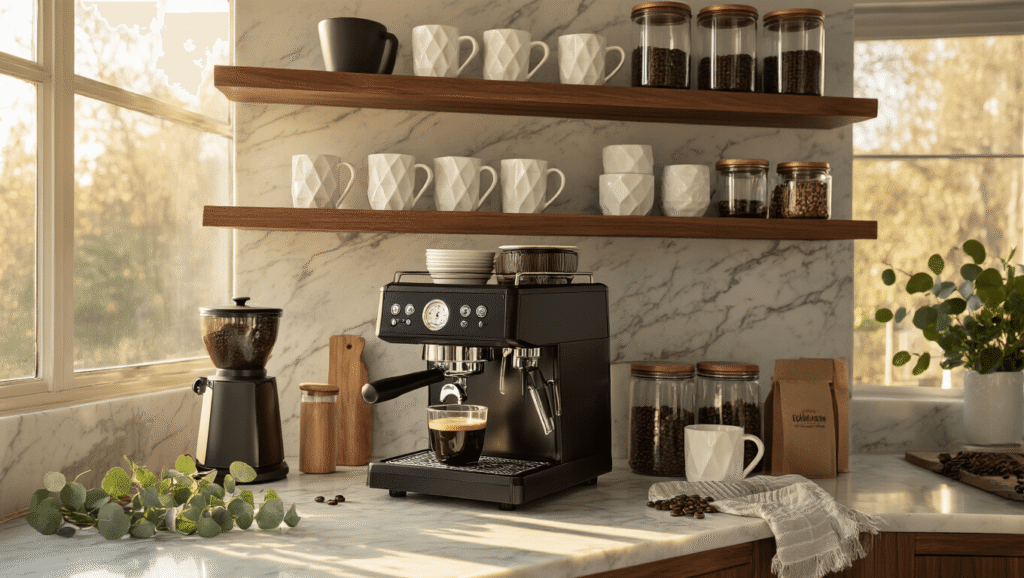 Creating the Perfect Kitchen Coffee Station: Your Ultimate Guide to Stylish and Functional Design Modern kitchen coffee station with marble countertops and walnut shelves, featuring a sleek black espresso machine, brass grinder, and ceramic mugs illuminated by warm morning sunlight.