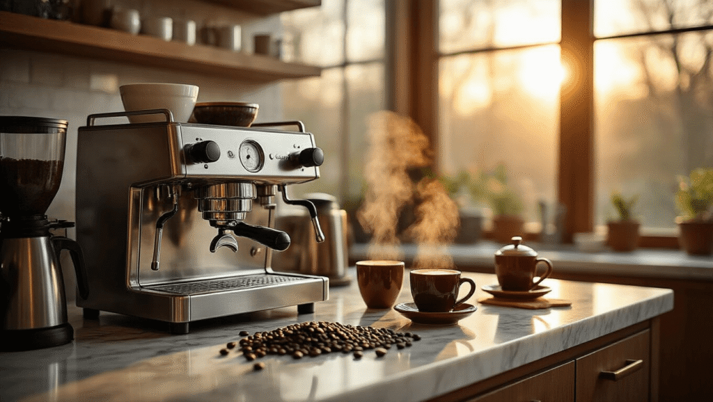 The Ultimate Guide to Choosing the Perfect Espresso Machine for Your Home A modern kitchen transformed into a luxurious café, showcasing a stainless steel espresso machine on a marble countertop with coffee beans, demitasse cups, and steam rising from espresso shots, illuminated by golden hour sunlight.