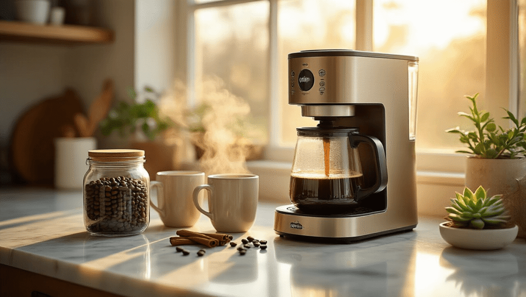 Mr. Coffee Makers: Your Ultimate Guide to Perfect Home Brewing Cinematic wide-angle shot of a sleek Mr. Coffee maker on a polished marble counter with steam rising from a glass carafe, ceramic mugs, coffee beans, scattered cinnamon sticks, and small succulents, all bathed in warm golden hour sunlight, creating a cozy kitchen ambiance.