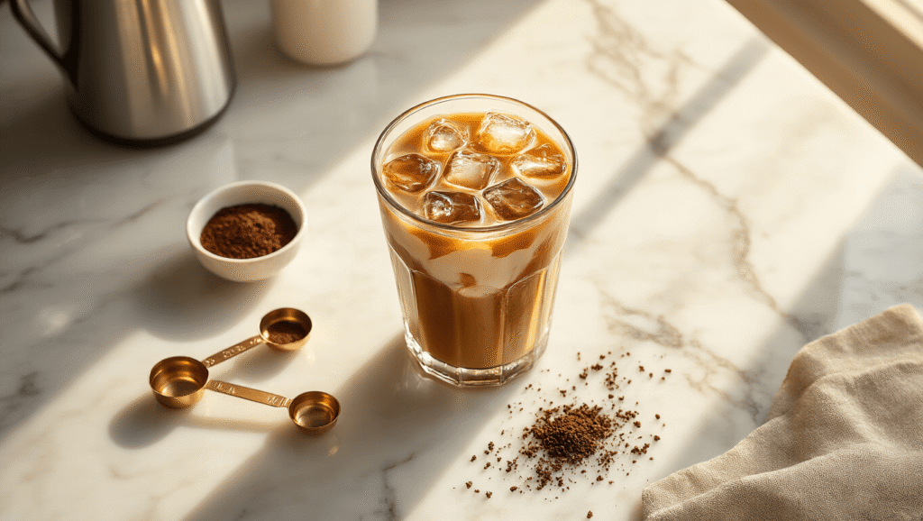 Easy Instant Iced Coffee: Your Ultimate 1-Minute Caffeine Fix Cinematic overhead shot of a tall glass of amber iced coffee with ice cubes on a marble kitchen counter, surrounded by instant coffee crystals, measuring spoons, and a bowl of steaming water, illuminated by warm morning light.