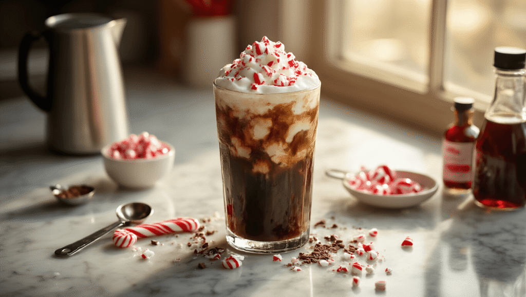 Peppermint Mocha Cold Brew: Your Ultimate Festive Coffee Escape Cinematic overhead view of a tall glass of layered dark cold brew coffee with ice, topped with glossy peppermint chocolate foam, crushed candy canes, and scattered chocolate shavings on a marble counter, illuminated by warm morning light, with a milk frother and peppermint syrup bottle alongside.
