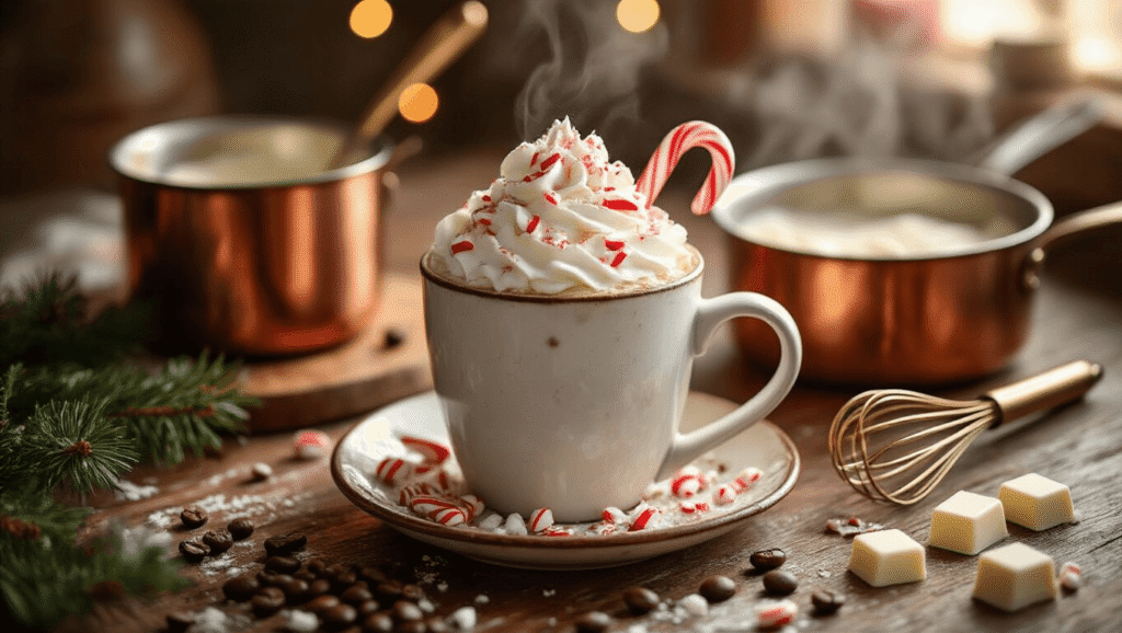 Peppermint White Mocha: The Ultimate Festive Coffee Treat Cinematic overhead view of a rustic wooden kitchen counter featuring a holiday mug of creamy peppermint white mocha topped with whipped cream and candy cane pieces, surrounded by a copper saucepan, white chocolate chunks, a vintage whisk, coffee beans, and fresh peppermint, all set in warm golden light.