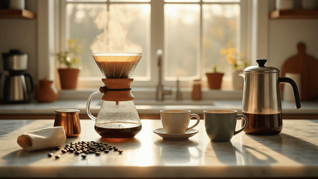 The Ultimate Guide to Plastic-Free Coffee Makers: Brewing Healthier, Cleaner Coffee Cinematic overhead view of a marble kitchen counter adorned with a glass Hario V60 dripper, stainless steel French press, Chemex, and ceramic cups, all bathed in warm morning light, with scattered coffee beans and unbleached filters, highlighting a plastic-free brewing setup.