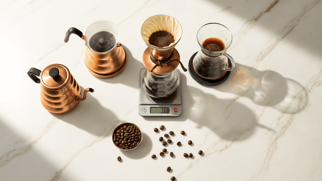 The Ultimate Guide to Pour Over Coffee Makers: Choosing Your Perfect Brew Companion Cinematic overhead shot of a premium pour over coffee station with Hario V60, Kalita Wave, Chemex, and OXO Brew makers on a white marble counter, featuring a steaming copper gooseneck kettle, digital scale, and scattered whole coffee beans, all bathed in soft golden morning light.