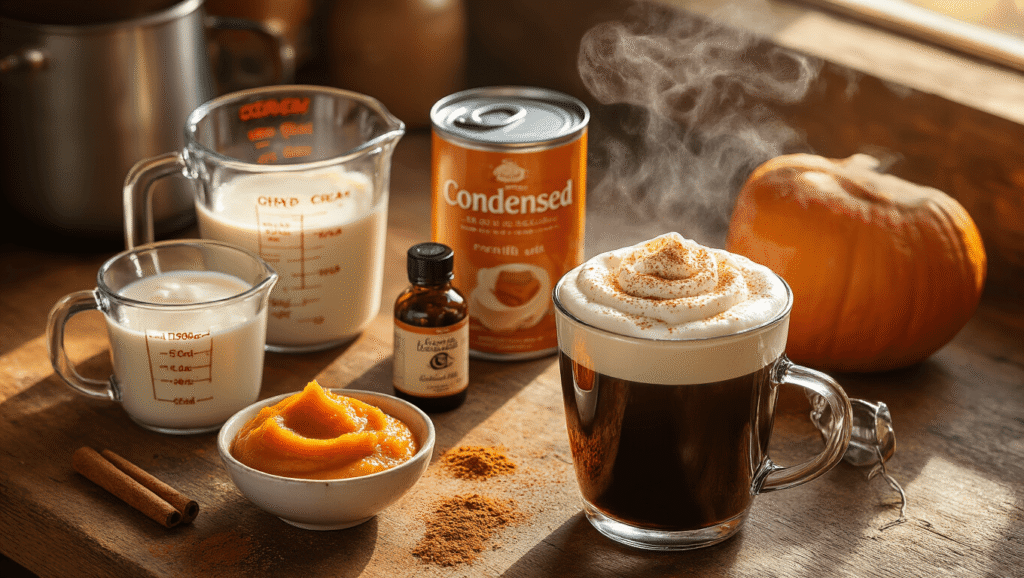 Pumpkin Cream Cold Foam Coffee: Your Ultimate Homemade Coffeehouse Delight Cinematic overhead view of a rustic kitchen counter with warm autumn light, showcasing ingredients for pumpkin cream cold foam coffee, including glass measuring cups, pumpkin puree, condensed milk, vanilla extract, and scattered pumpkin pie spice, alongside a tall glass of cold brew coffee topped with pumpkin cream foam and a frother.