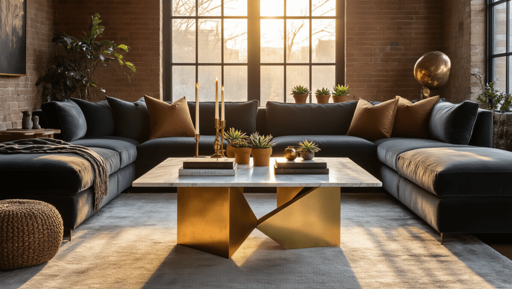 Unique Coffee Tables: Transforming Living Spaces into Artistic Sanctuaries Luxurious modern living room featuring a sculptural coffee table with a white marble top and brass geometric base, styled with decor, bathed in warm golden sunlight.